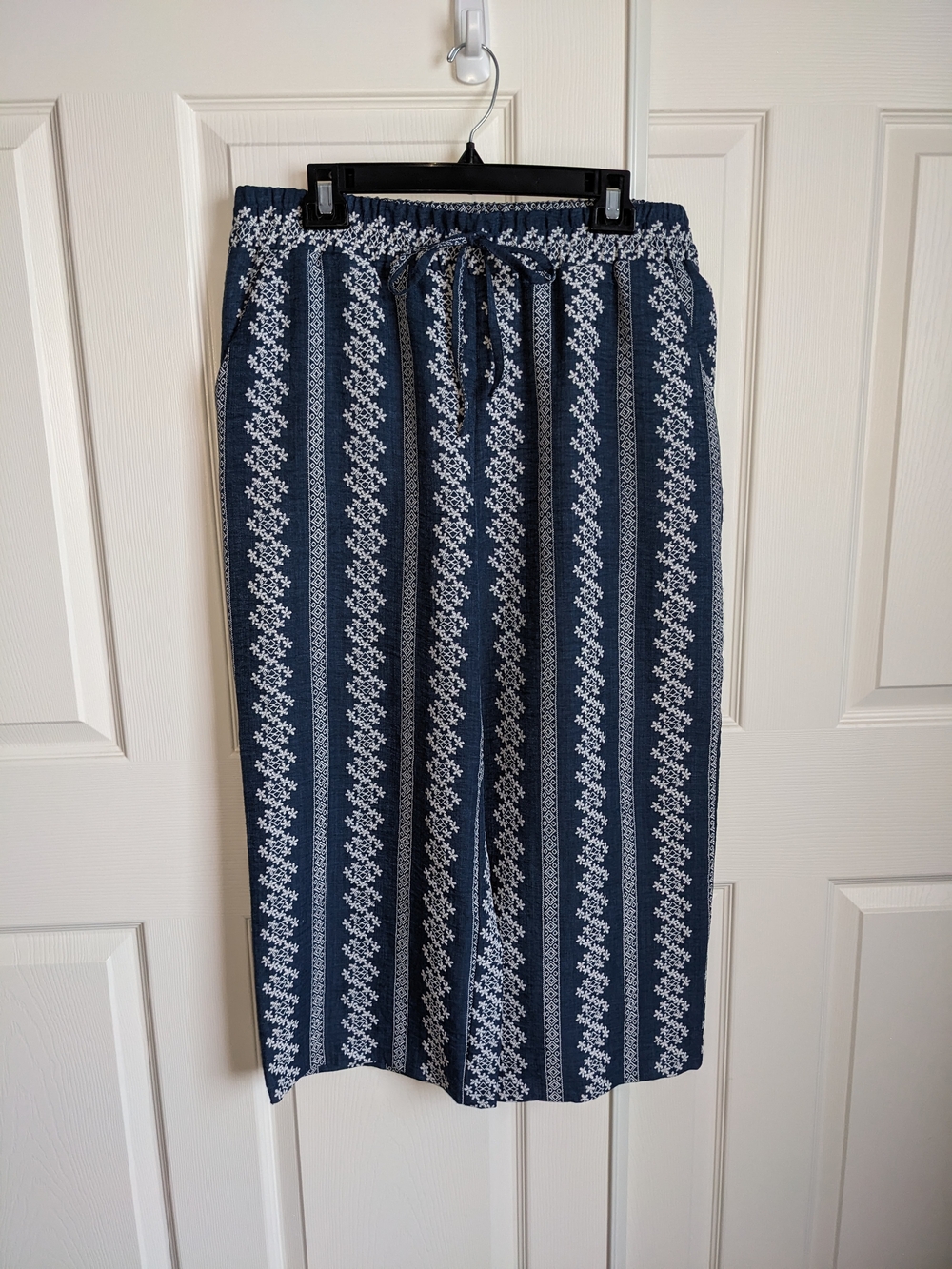 Navy Blue Striped Pants with White Geometric Print